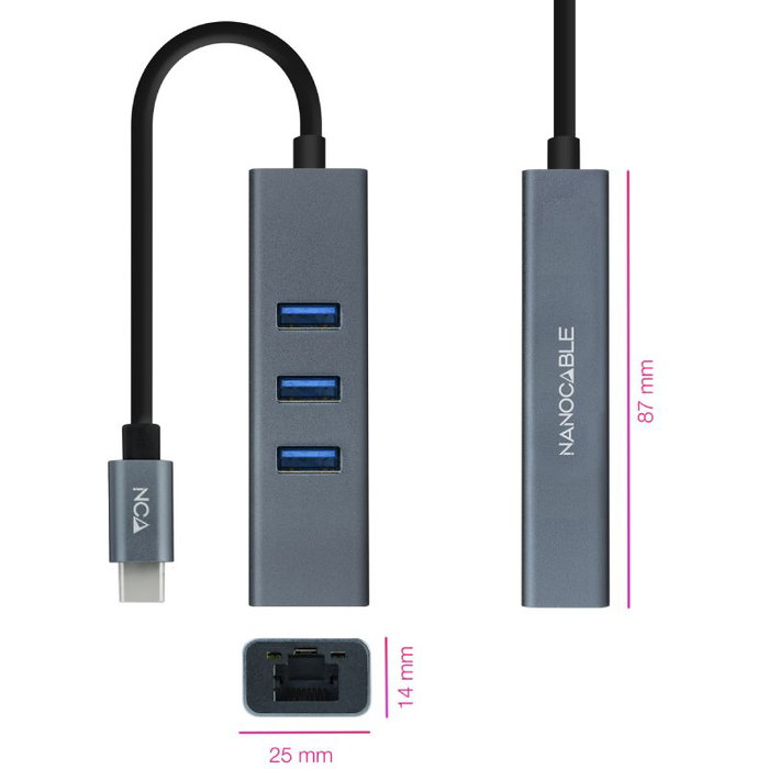 Nanocable Conversor USB-C a Ethernet Gigabit + 3XUSB 3.0 Gris Aluminio Nanocable Conversor USB-C a Ethernet Gigabit + 3XUSB 3.0 Gris Aluminio